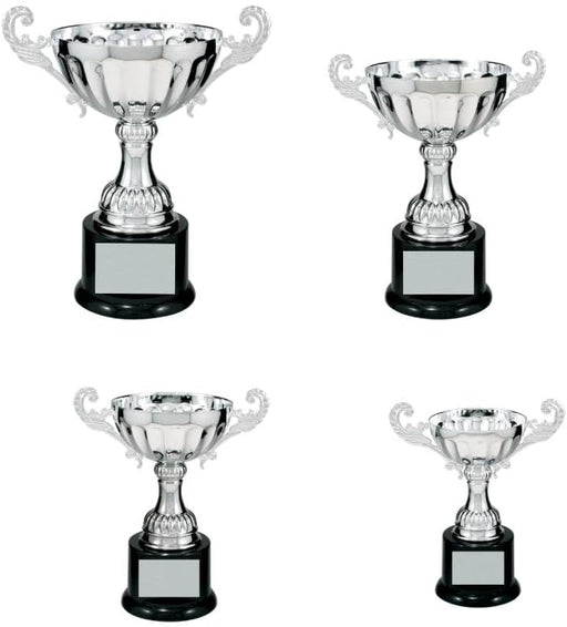 Silver cup trophy shown in 4 sizes. Free engraving.
