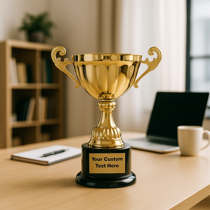 Gold cup trophy with customizable text on a desk with a laptop and mug in the background