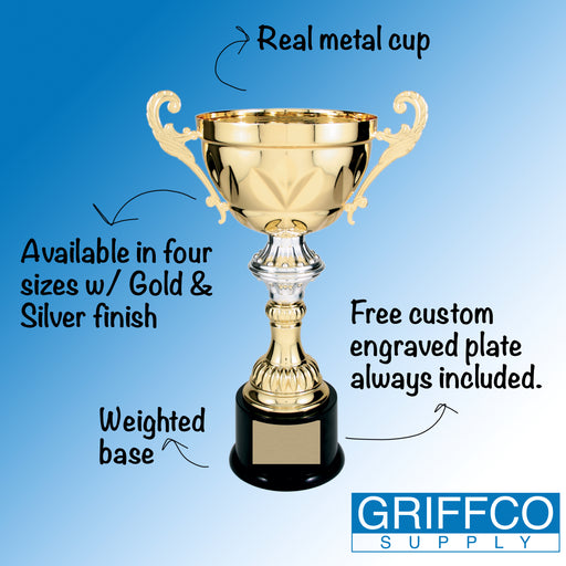 Features of Griffco real metal cup trophy personalized engraving.