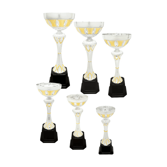 Set of trophies with silver/gold and black accents on a white background