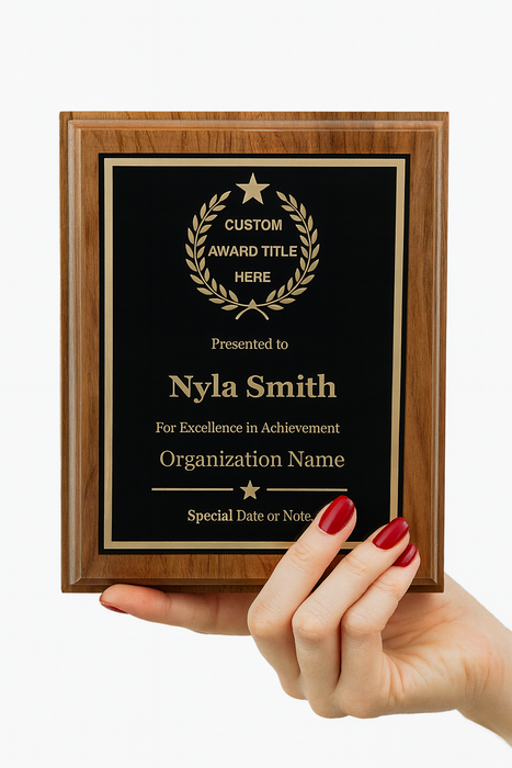 Custom walnut recognition plaque with engraved gold plate for employee appreciation