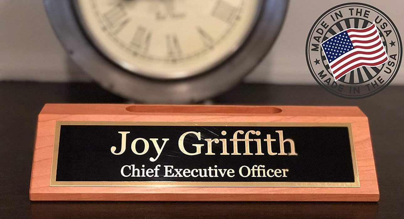 Name plate for desk shown in cherry wood finish. Made in the U.S.A.