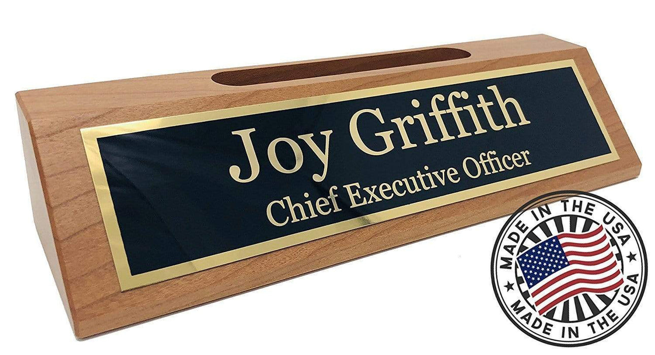 Solid wood desk name plates shown with custom engraved name and title.