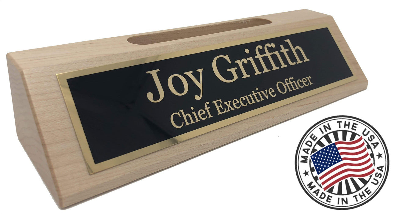 Desk name plates shown in maple wood natural finish.