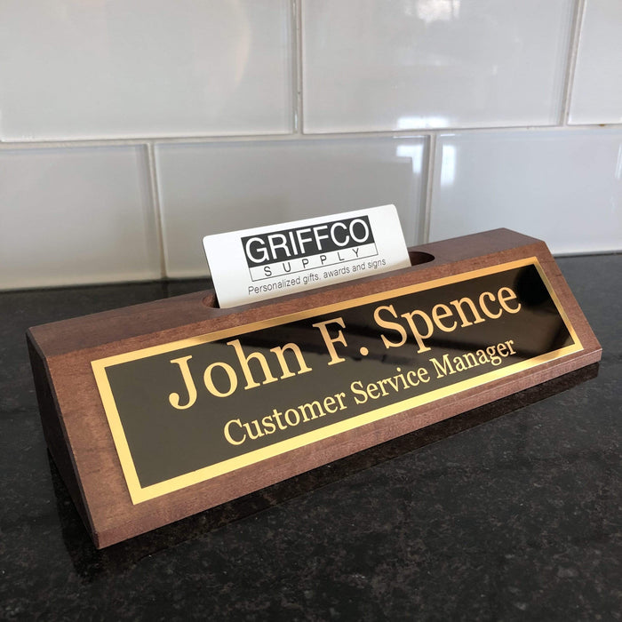 Desk name plates feature a centrally located slot to hold your business cards.