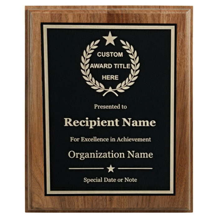 Elegant step-edge walnut plaque with custom text and company logo