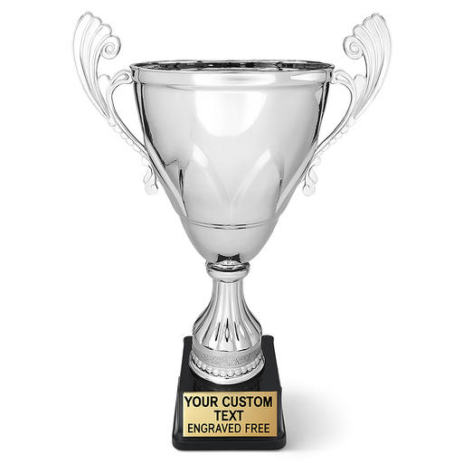 Silver Apex cup trophy with black base that reads your custom text engraved free.