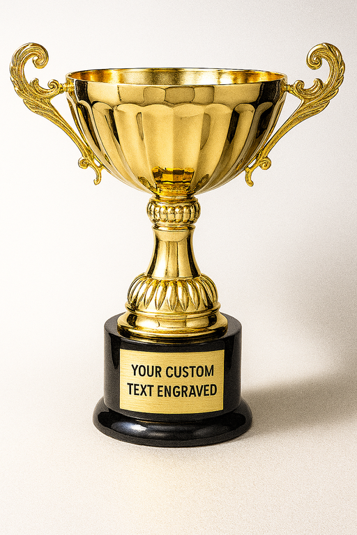 Gold cup trophy with a black base and customizable text engraving on a white background