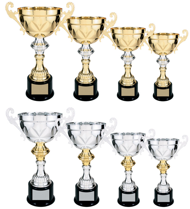 Full line of gold and silver real metal cup trophies with personalized name plates.