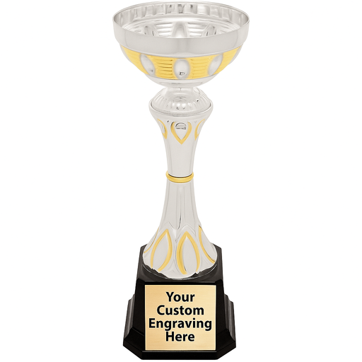 Silver and gold trophy with a customizable engraving area on a white background