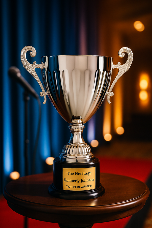 Silver cup trophy award on wood table at awards ceremony.