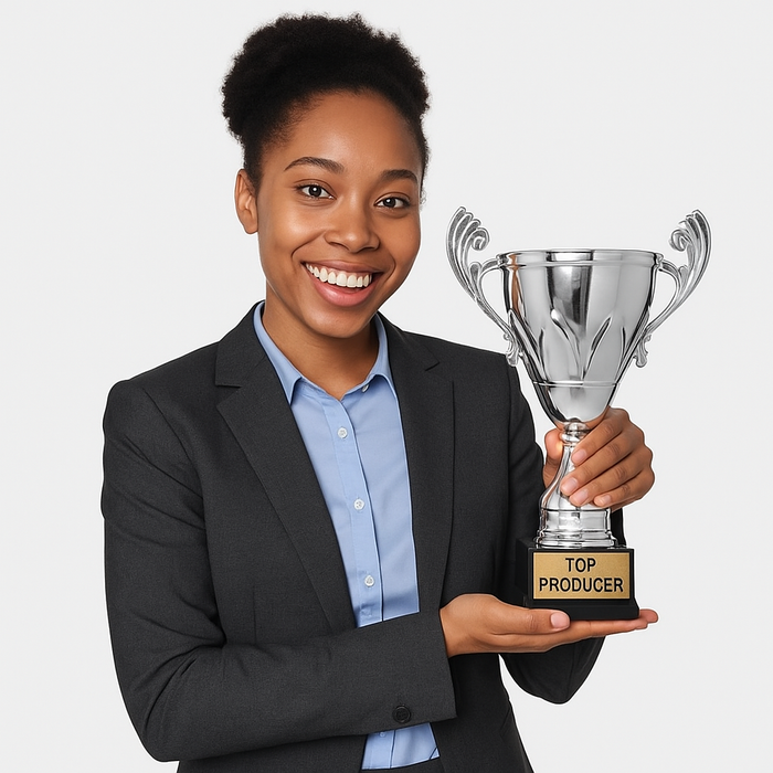 Woman holding a 'Top Producer' trophy cup against a plain background