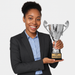 Woman holding a 'Top Producer' trophy cup against a plain background