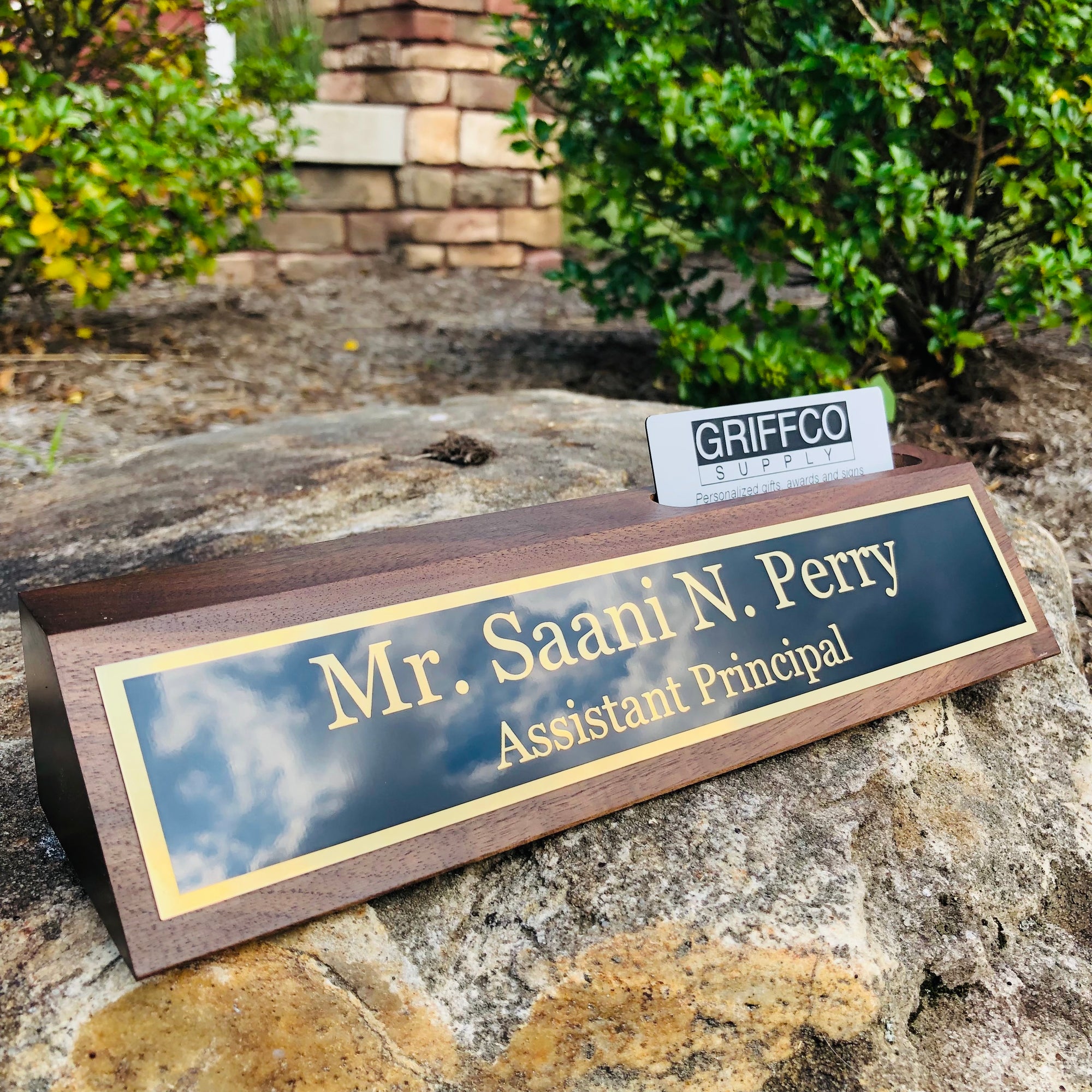Walnut personalized desk name plate with business card holder.