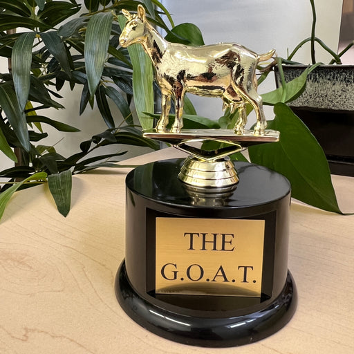 Our funny trophy reads The GOAT and is a great award for any event. 