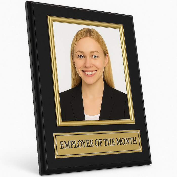Framed photo with 'Employee of the Month' plaque on a white background