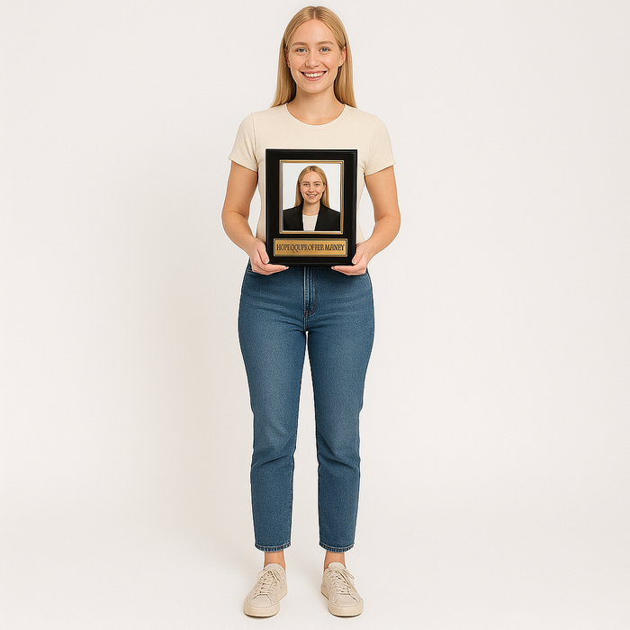 Person holding a framed photo plaque against a plain background