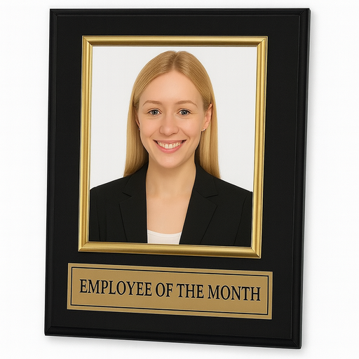 Employee of the month plaque with picture holder in black finish.