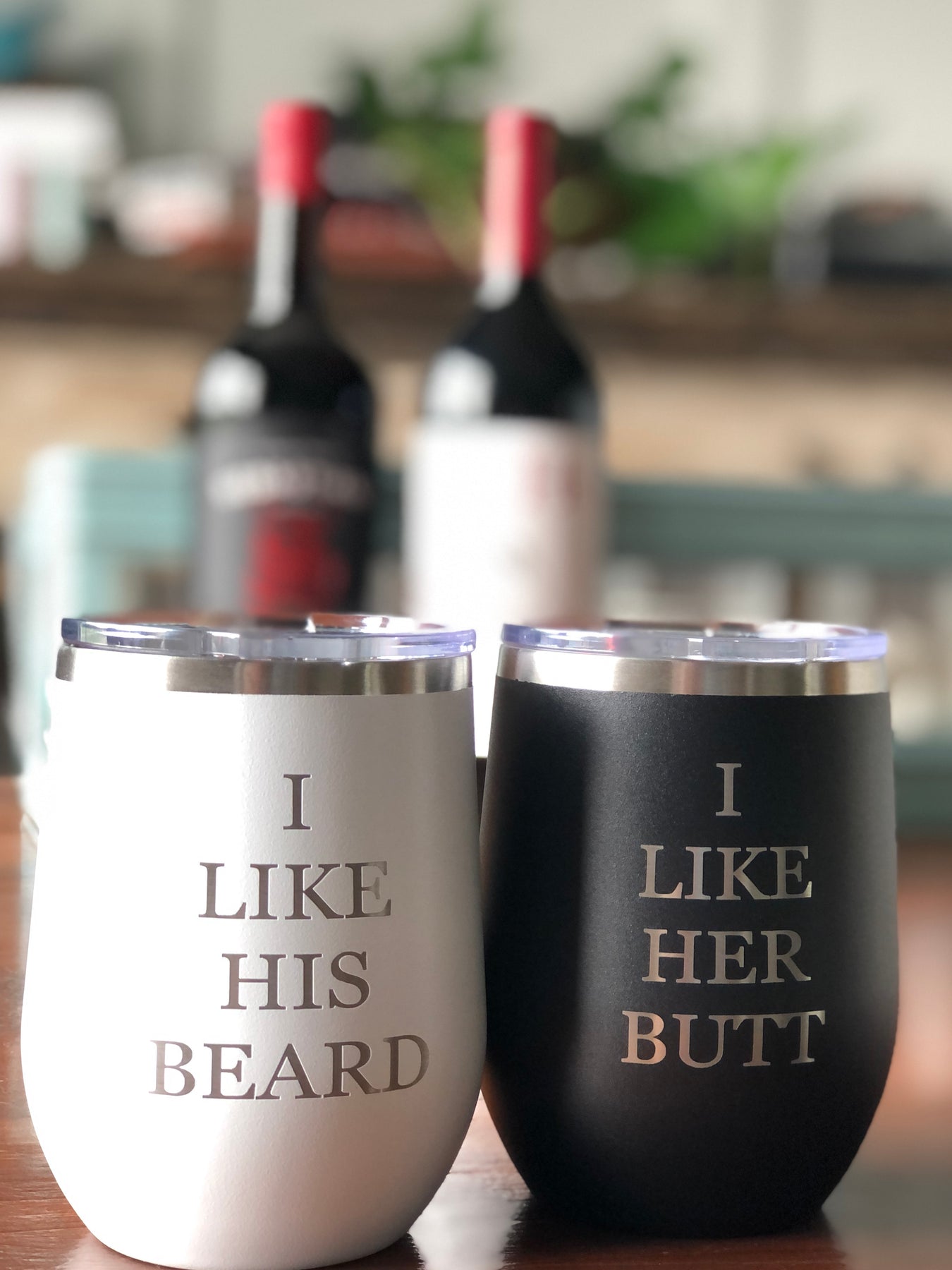 Wedding gift wine tumbler set. I like his beard, I like her butt.