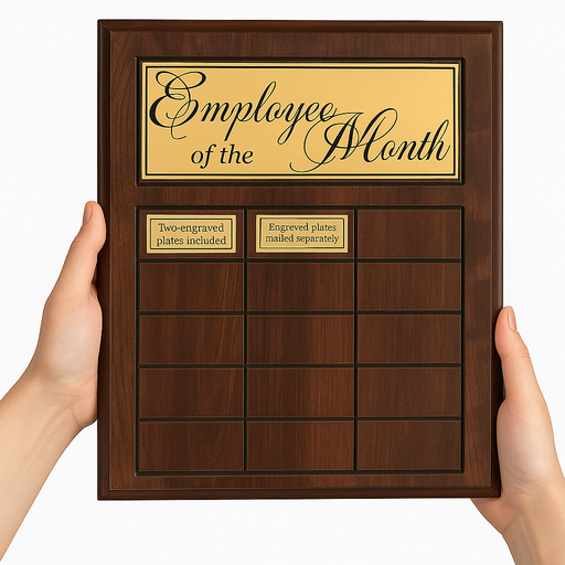 Wooden plaque with 'Employee of the Month' text held by two hands on a white background