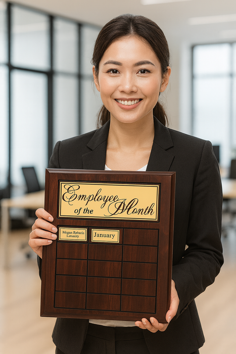 Woman holding an 'Employee of the Month' plaque in an office setting