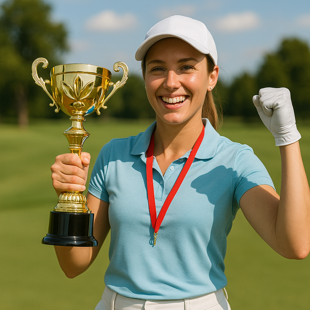 Golfer holding a large trophy cup award custom engraved.