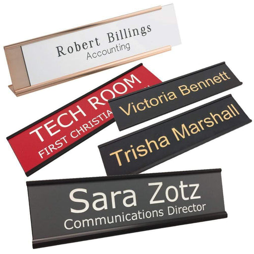 Desk name plates shown in multiple colors.