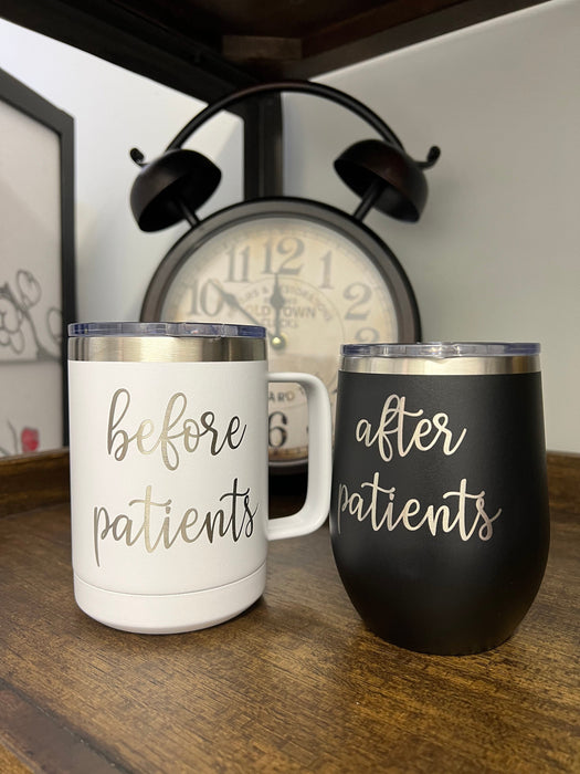 Before Patients After Patients cups set in white and black.