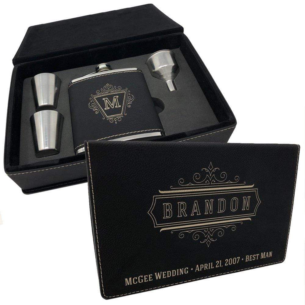 Engraved Custom Flask Set Vegan Leather Personalized — Griffco Supply