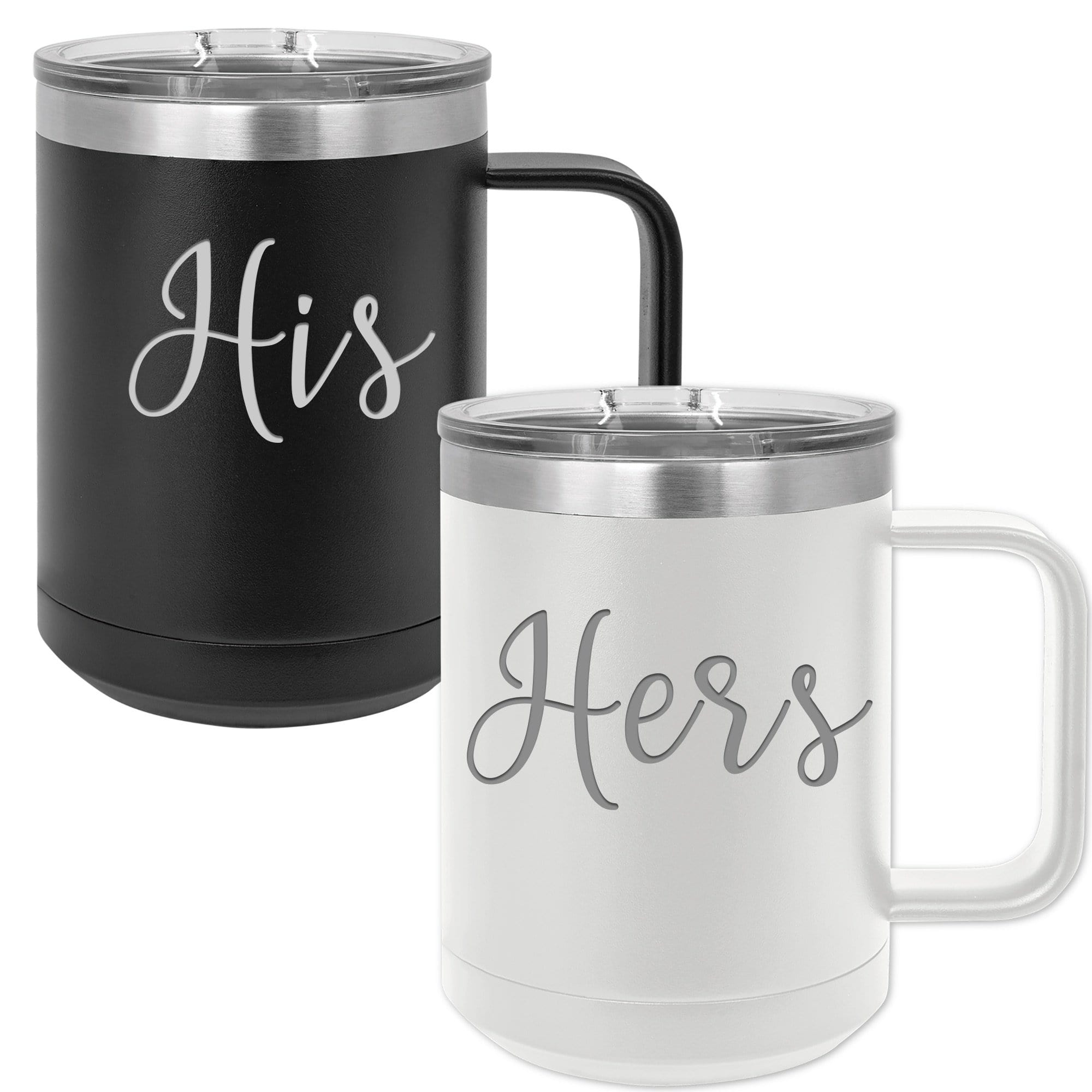 His & Hers Coffee Mug Set for Wedding, Anniversary 15 ounce w/ lid