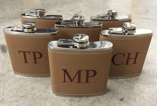 Monogrammed Leather Tan Hide-Stitch Personalized Flask