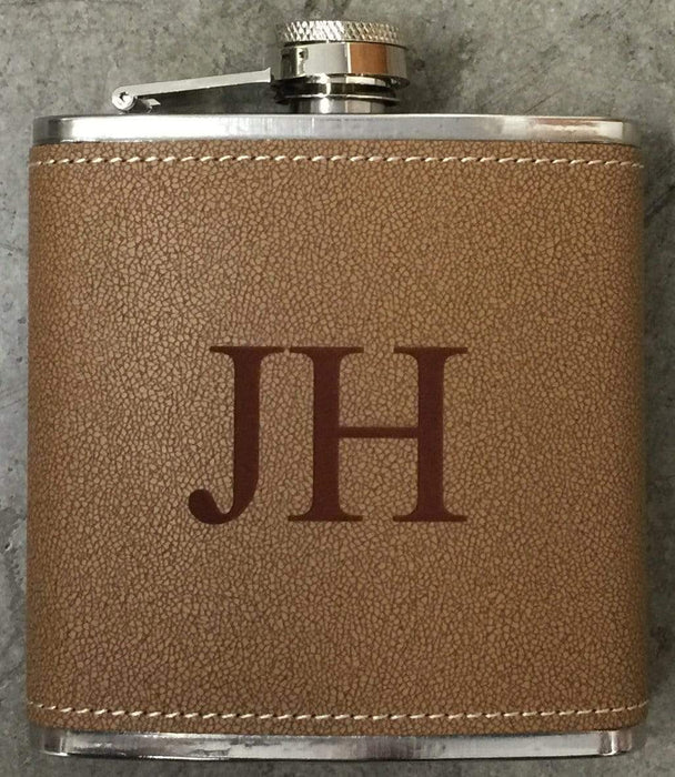 Monogrammed Leather Tan Hide-Stitch Personalized Flask