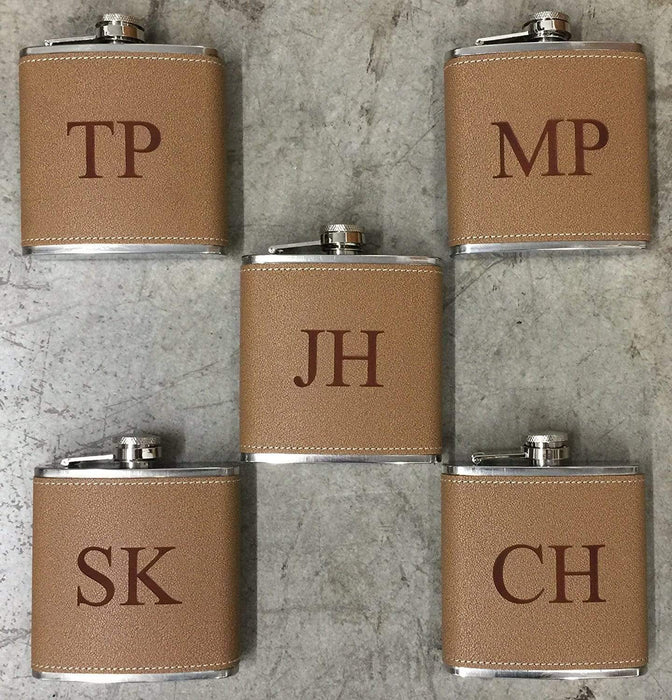 Monogrammed Leather Tan Hide-Stitch Personalized Flask