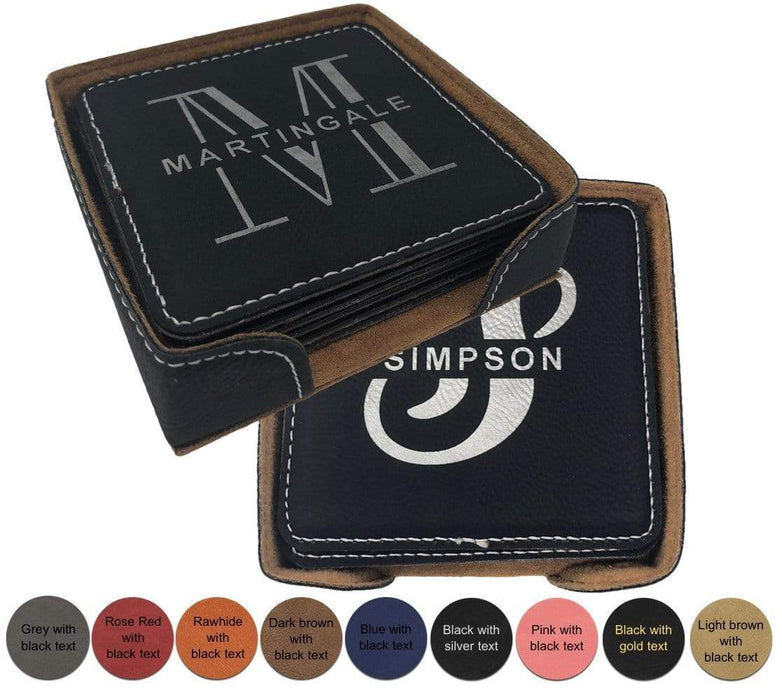 Personalized Leatherette Name Coaster - Set of 6 with holder