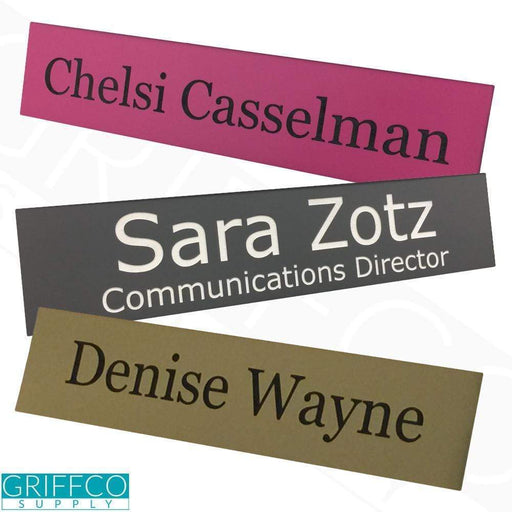Desk name plates shown with no holder option. Great for company replacements.