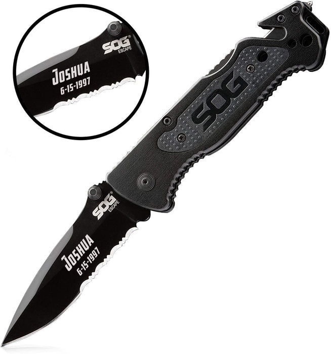 Personalized SOG Tactical Folding Knife - Escape Pocket Knife, Emergency Survival - 3.4 Inch Serrated Edge Knife Blade/Glass Breaker (FF25-CP)