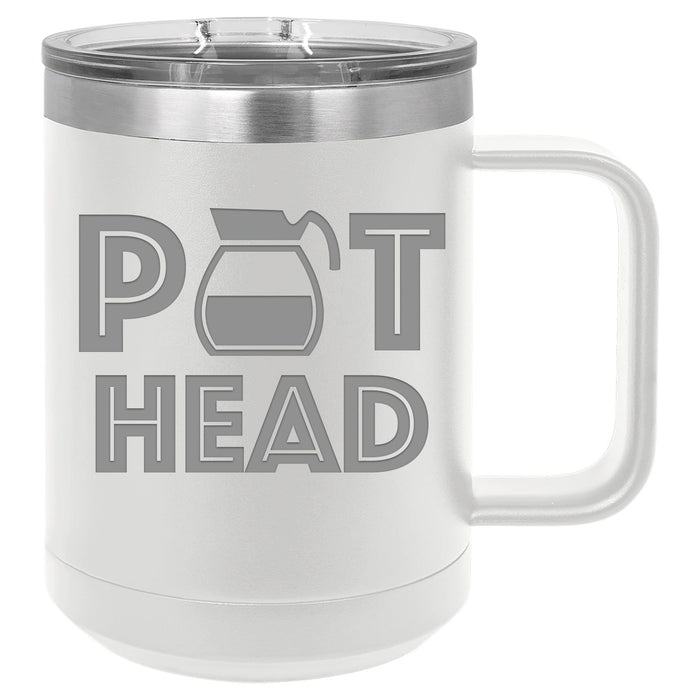Pot Head 15 ounce Stainless Steel Insulated Coffee Mug in white.