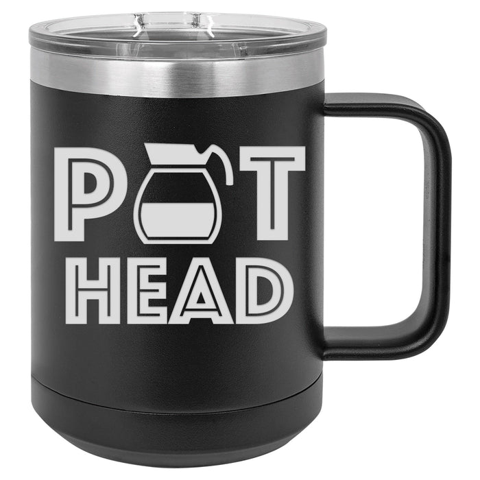 Pot Head 15 ounce Stainless Steel Insulated Coffee Mug in black.