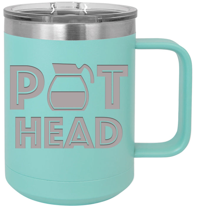 Pot Head 15 ounce Stainless Steel Insulated Coffee Mug in teal.