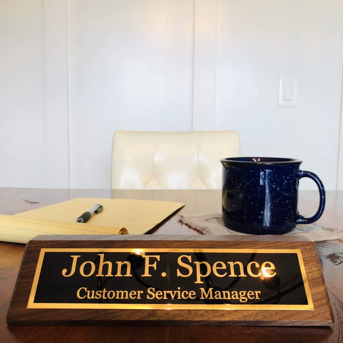 Personalized Black Piano Finish Wood & Brass Desk Name Plate – Free Standing Engraved Gift
