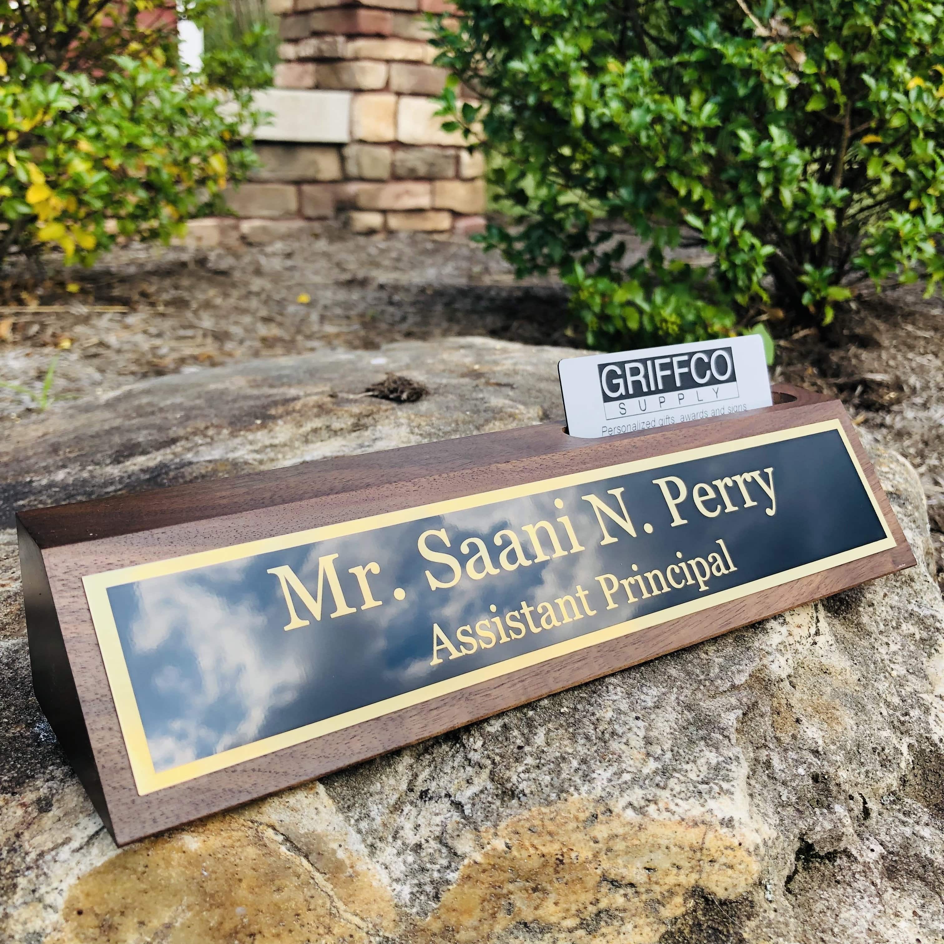 Walnut Desk Name Plate w/ Business Card Holder - 10