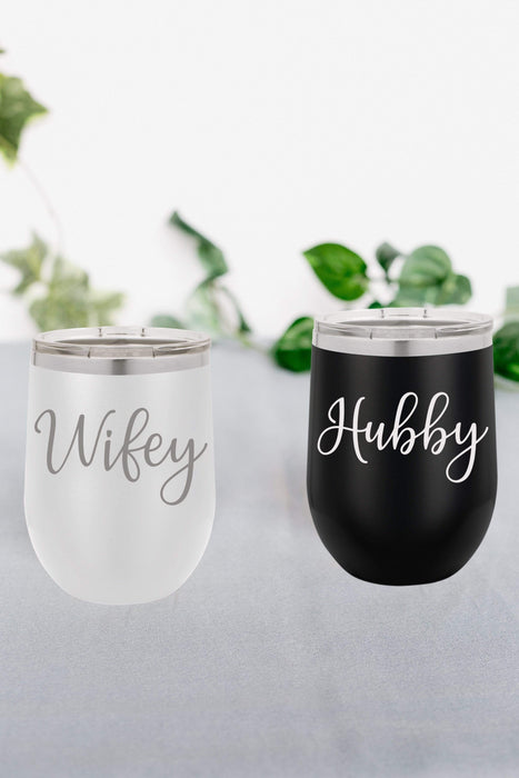Wifey & Hubby - 12 ounce Stainless Steel Insulated Stemless Wine Glass Set