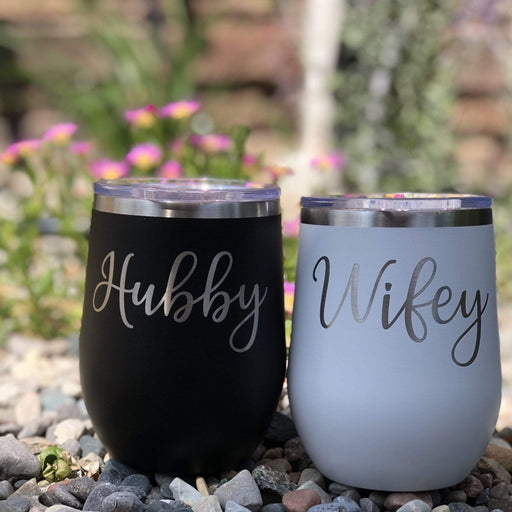 Wifey & Hubby - 12 ounce Stainless Steel Insulated Stemless Wine Glass Set